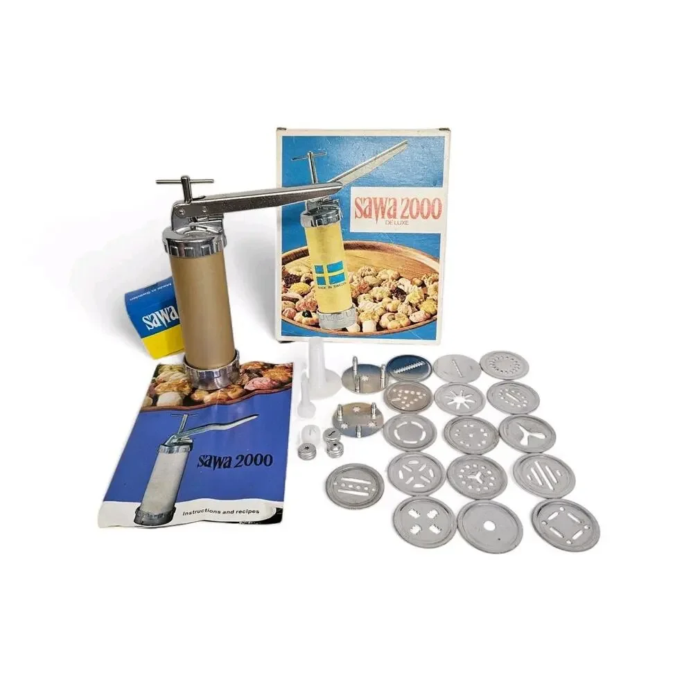 Vintage SAWA 2000 Deluxe Metal Cookie Press Decorator Gun Accessories Set Sweden